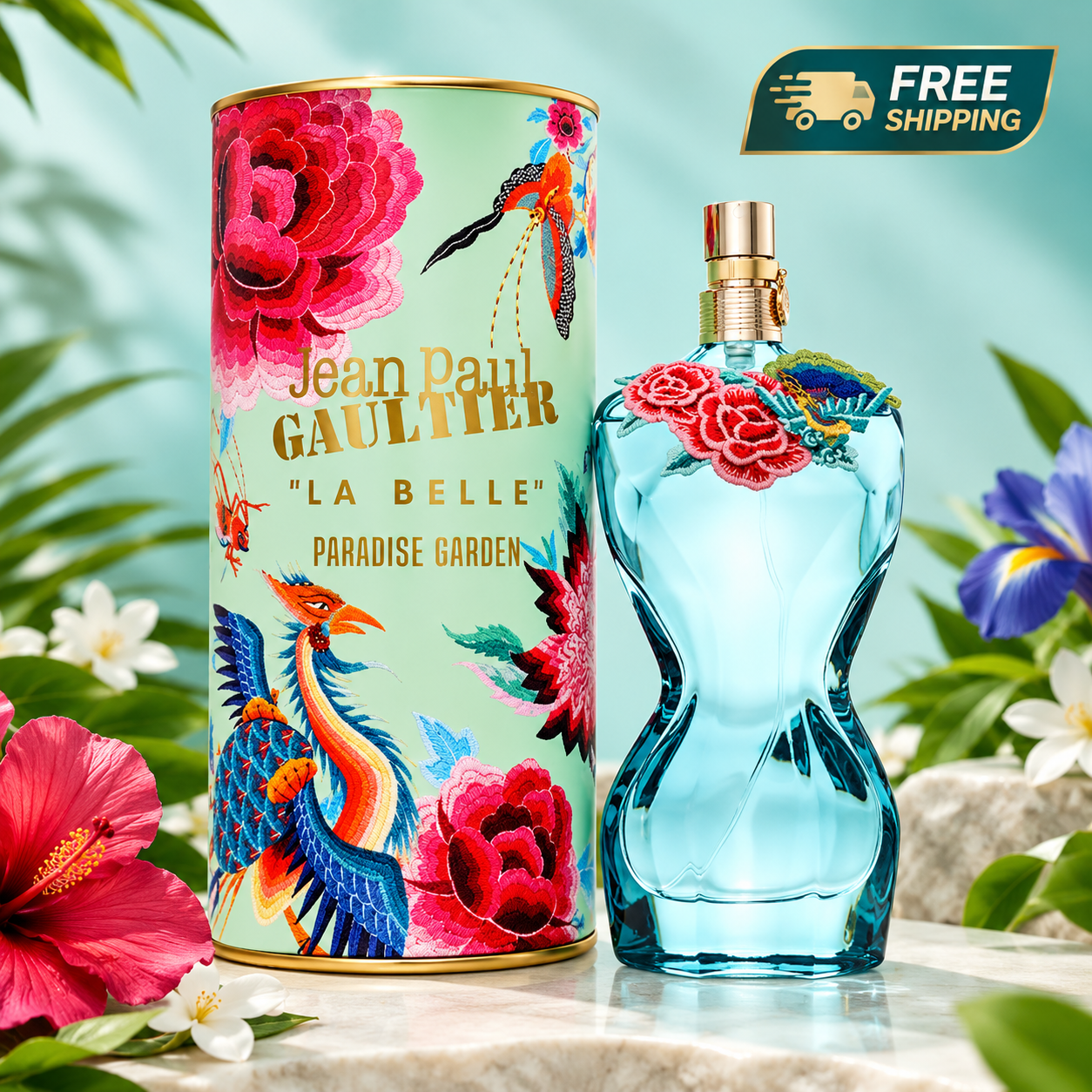 Jean Paul Gaultier La Belle Paradise Garden Eau de Parfum bottle and floral perfume box