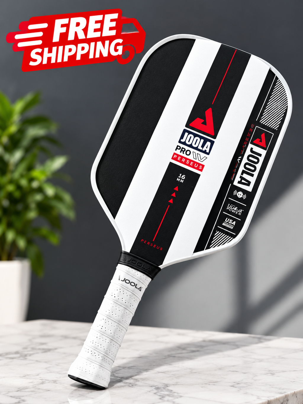 JOOLA Perseus Pro IV 16mm black and white pickleball paddle with carbon fiber surface and white grip