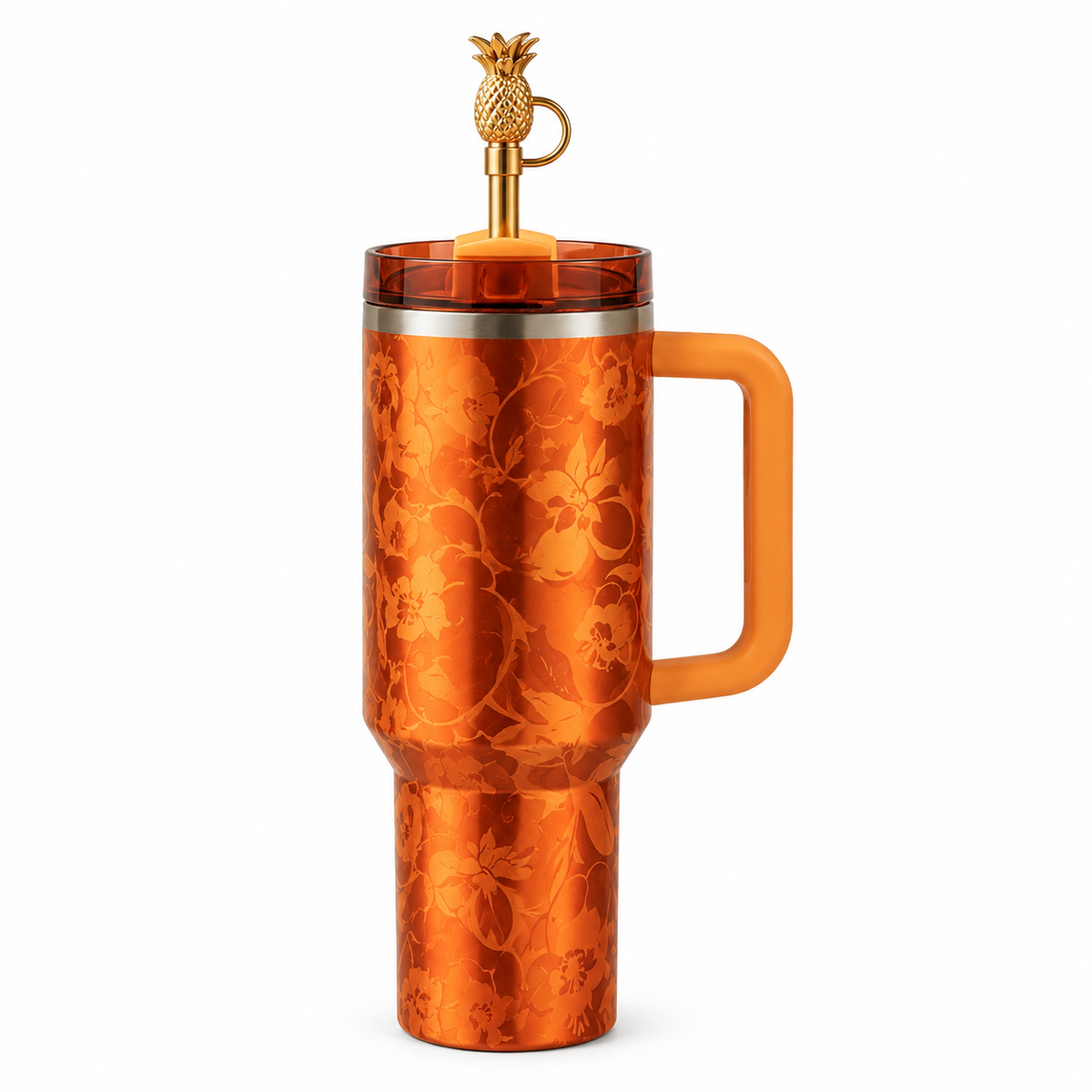 Floral Insulated Tumbler with Handle & Straw | Tropical Orange Travel Cup