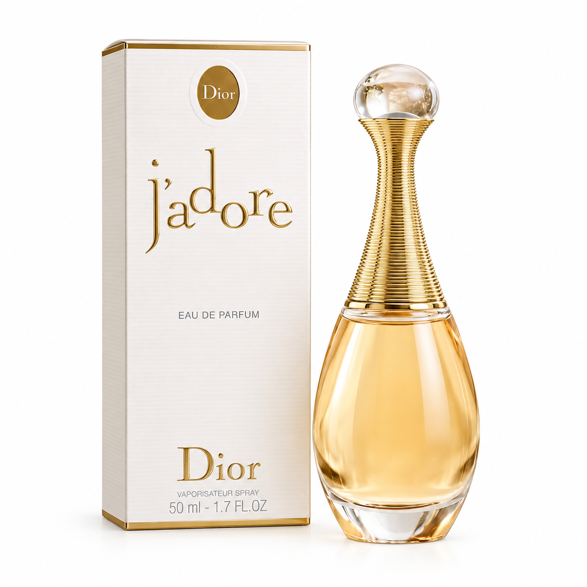 Dior J’adore Eau de Parfum 50ml perfume bottle and box on a clean white background.