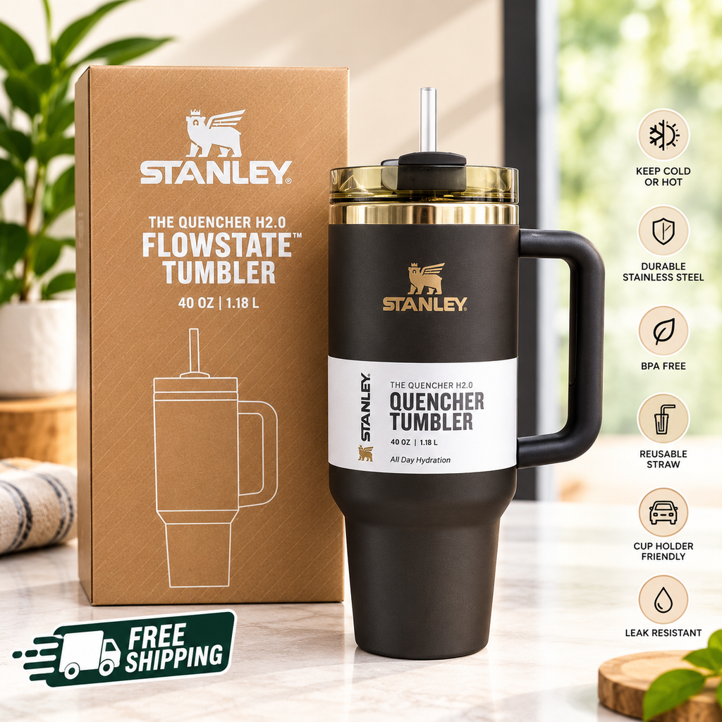 A black Stanley FlowState 40 oz tumbler with a gold logo and handle, standing beside its brown Stanley box on a marble countertop, with a softly blurred indoor background.