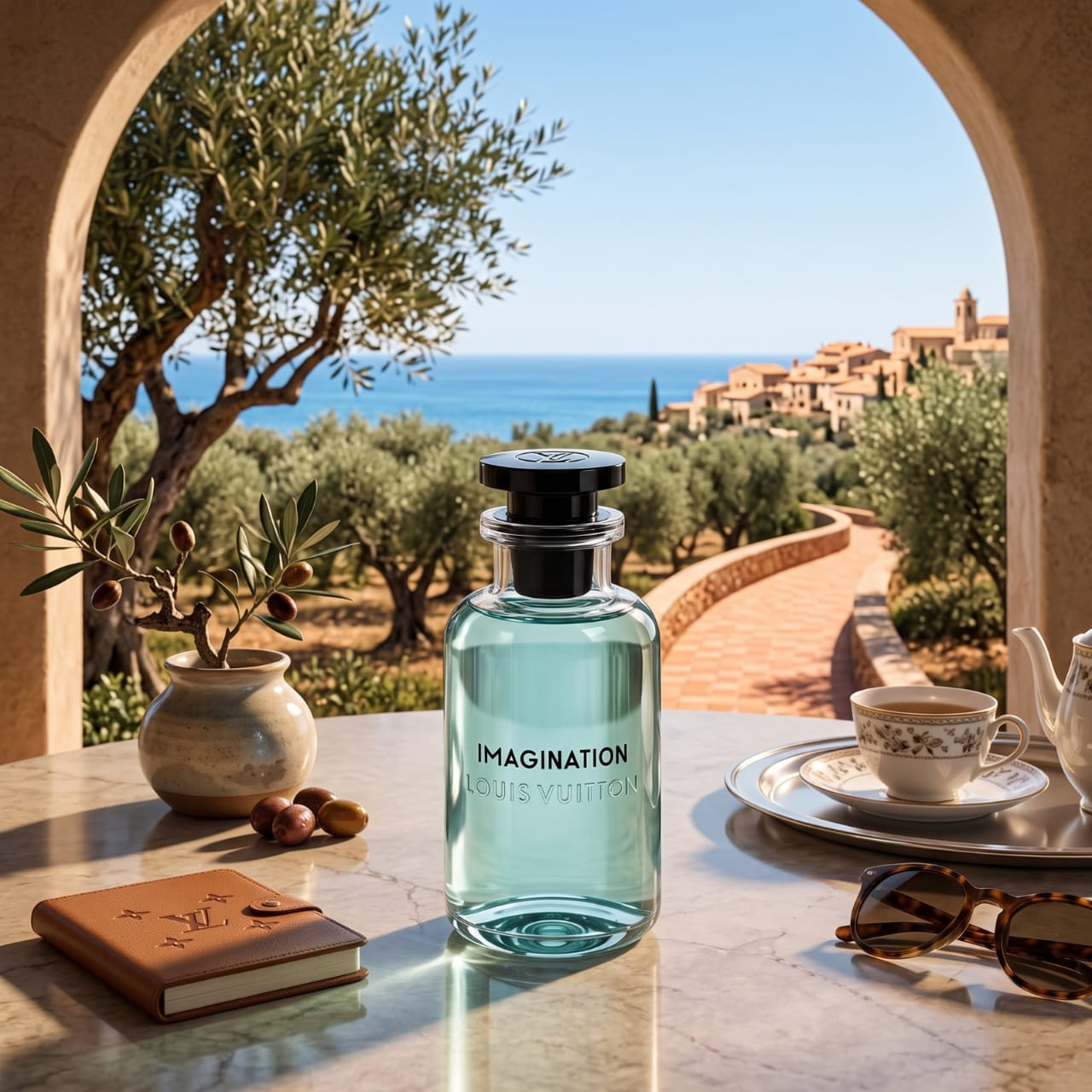 Louis Vuitton Imagination Eau de Parfum bottle displayed on a marble table overlooking a Mediterranean coastal landscape