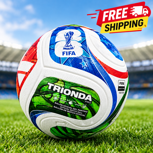 adidas FIFA World Cup 26 Trionda Pro official match soccer ball with colorful red, blue and green design, displayed on a studio background with Free Shipping badge.