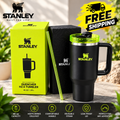 40 oz black insulated tumbler with handle and reusable straw outdoors