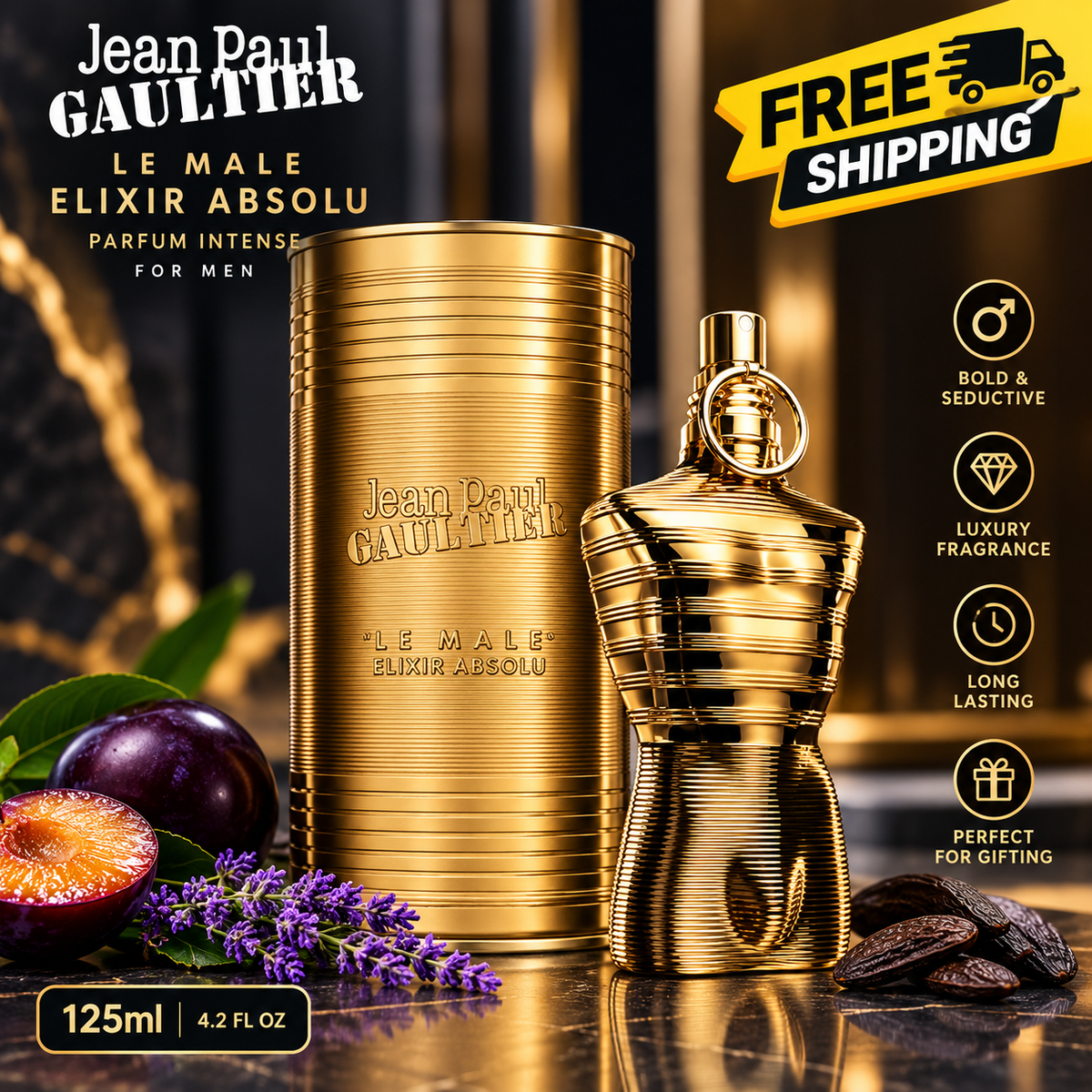 Jean Paul Gaultier Le Male Elixir Absolu gold perfume bottle and matching cylindrical gift box displayed on a luxurious dark marble surface with warm golden lighting.
