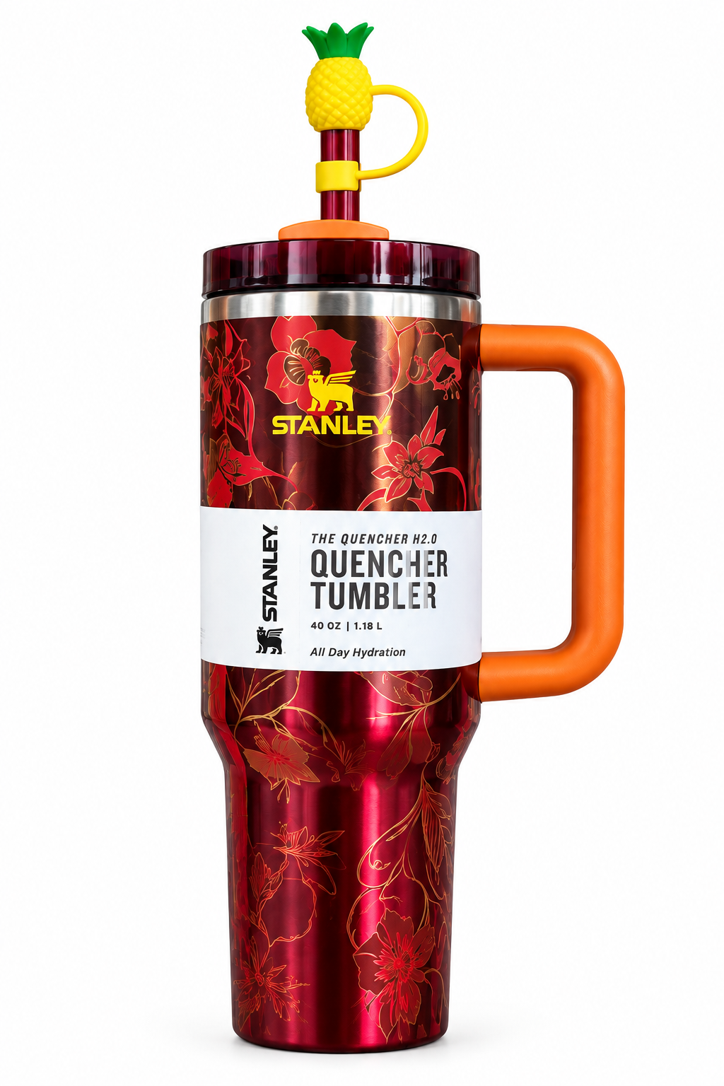 Stanley Quencher H2.0 FlowState Tumbler – 40 oz Floral Design with Pineapple Straw Topper