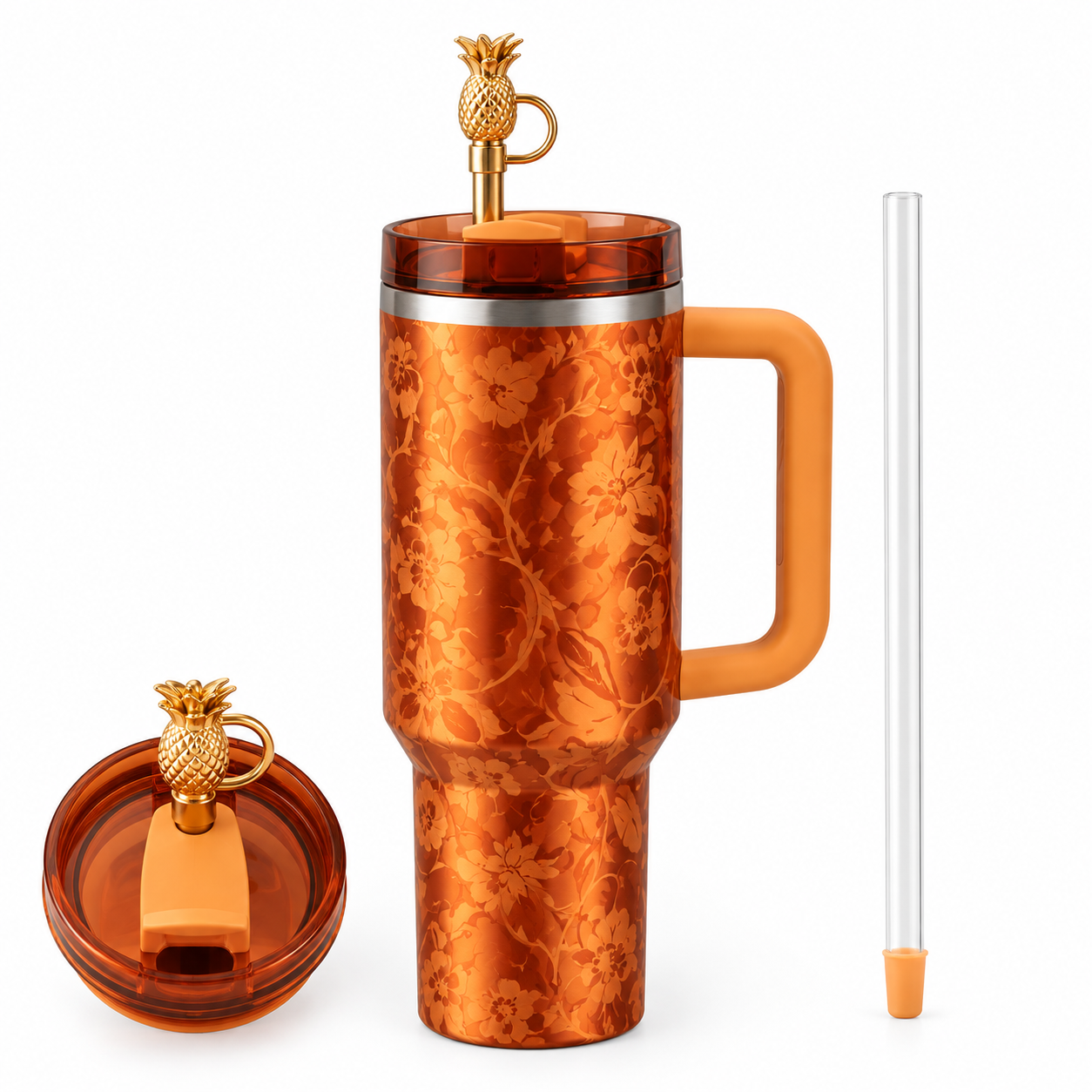Floral Insulated Tumbler with Handle & Straw | Tropical Orange Travel Cup
