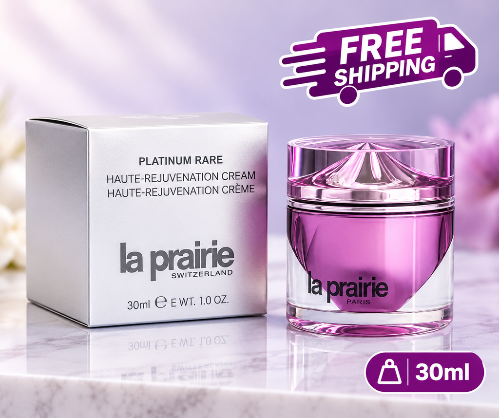 La Prairie Platinum Rare Haute-Rejuvenation Cream 30ml with its silver box and pink jar displayed on a luxury marble surface, with a “FREE SHIPPING” badge.