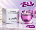 La Prairie Platinum Rare Haute-Rejuvenation Cream 30ml with its silver box and pink jar displayed on a luxury marble surface, with a “FREE SHIPPING” badge.